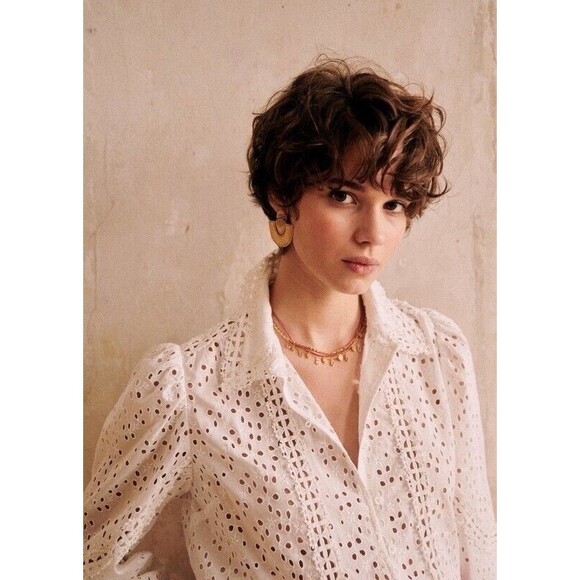 SEZANE Cara Shirt Cream Women’s Size 36 US 4 Eyelet Floral Puff Sleeve Button Up - Picture 5 of 15